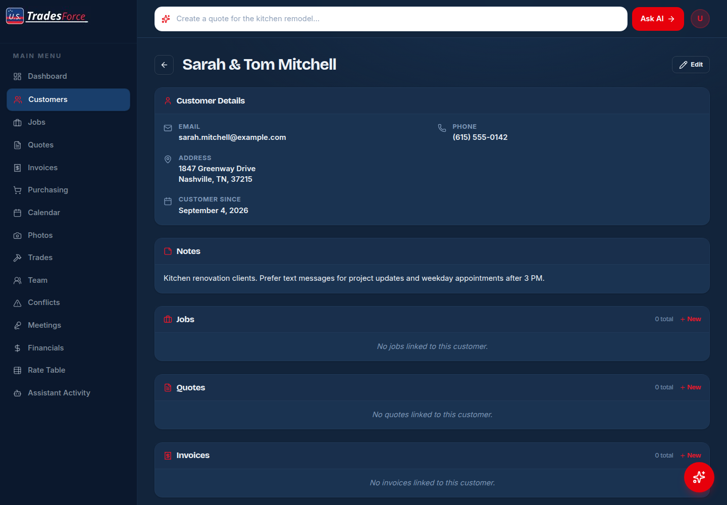 Individual customer details page with contact information, notes, jobs, quotes, and invoices