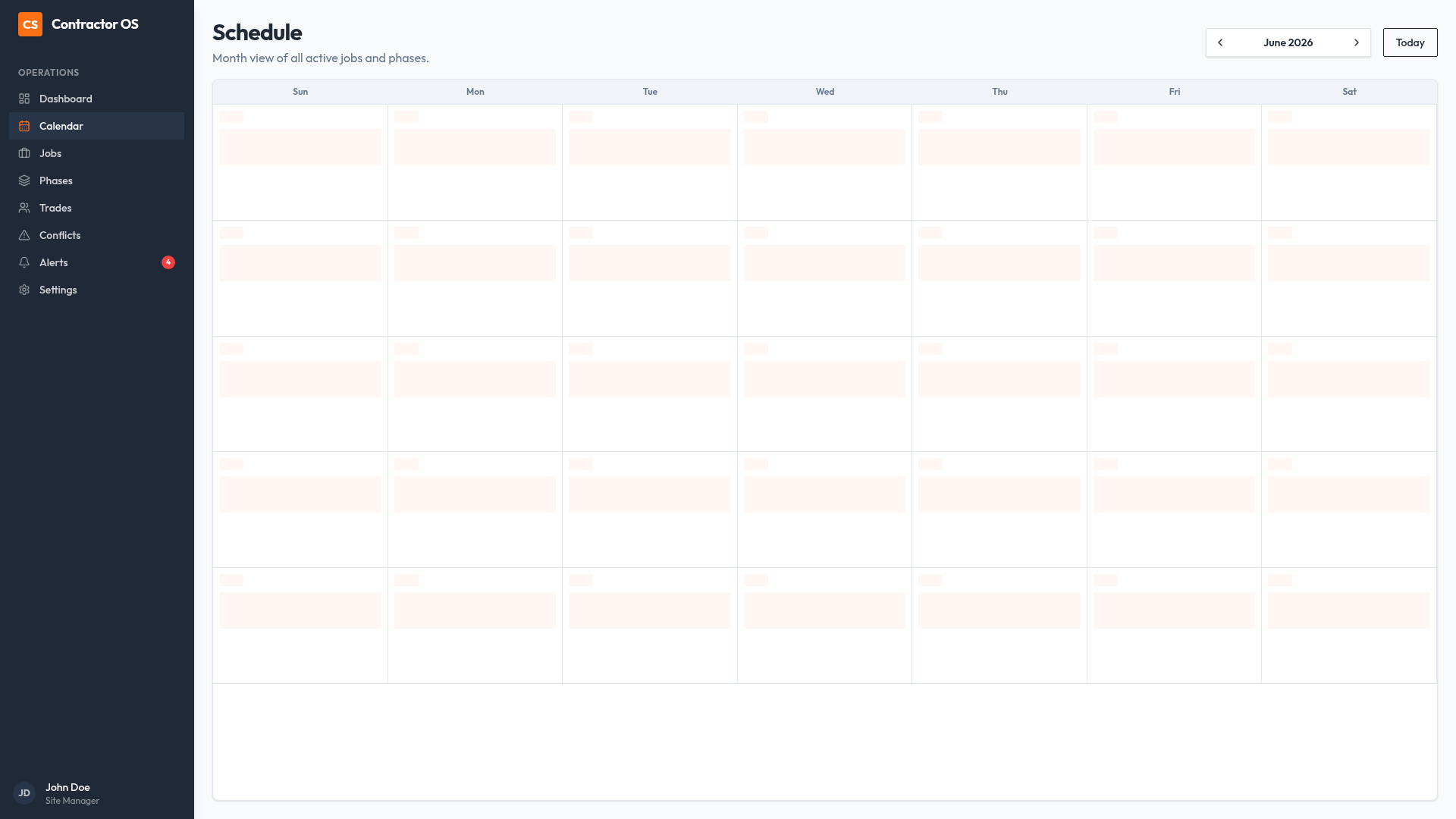 Internal project calendar used to manage contractor schedules